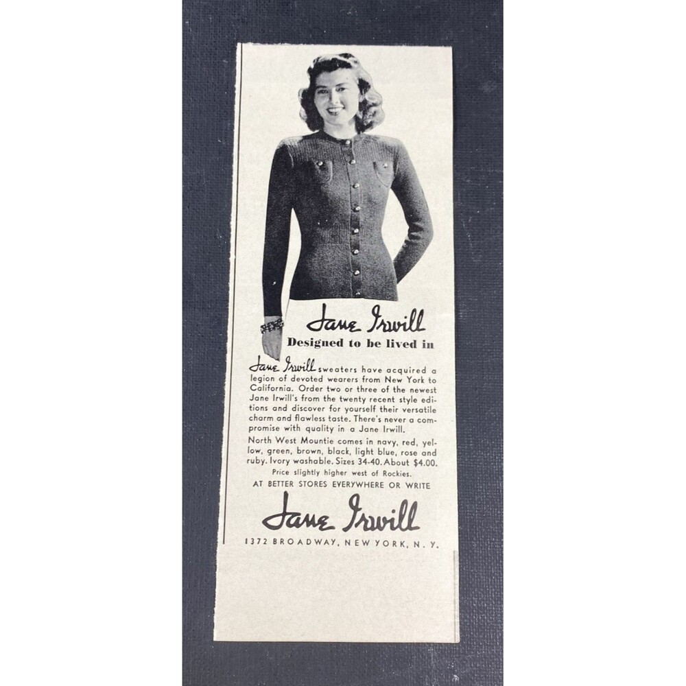 Jane Irwill Sweaters "Designed to be Lived In" Vintage Print Ad 1940s